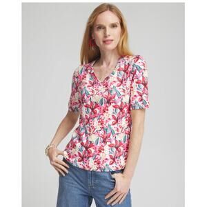 Chico’s Everyday V-Neck Top Size XXL Pima Cotton Short Sleeves Floral Colorful